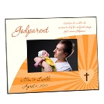 This lovely godparent photo frame makes a terrific picture frame gift for any new godparent, and features a pretty orange motif and the phrasing "Each time the world needs and extra touch of love and gentle caring, God creates a godparent." These 8" by 10" custom picture frames hold a single 4" by 6" photograph, and can be further personalized with the name of the godparent and godchild, and the date of the special day. Give a gift of thanks to a caring godparent, with this very special godparent picture frame.
